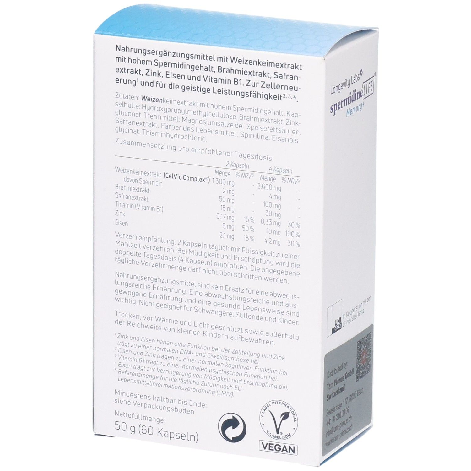 Arrière de l'emballage Longevity Labs SpermidineLIFE Memory+ avec liste des ingrédients et informations nutritionnelles.