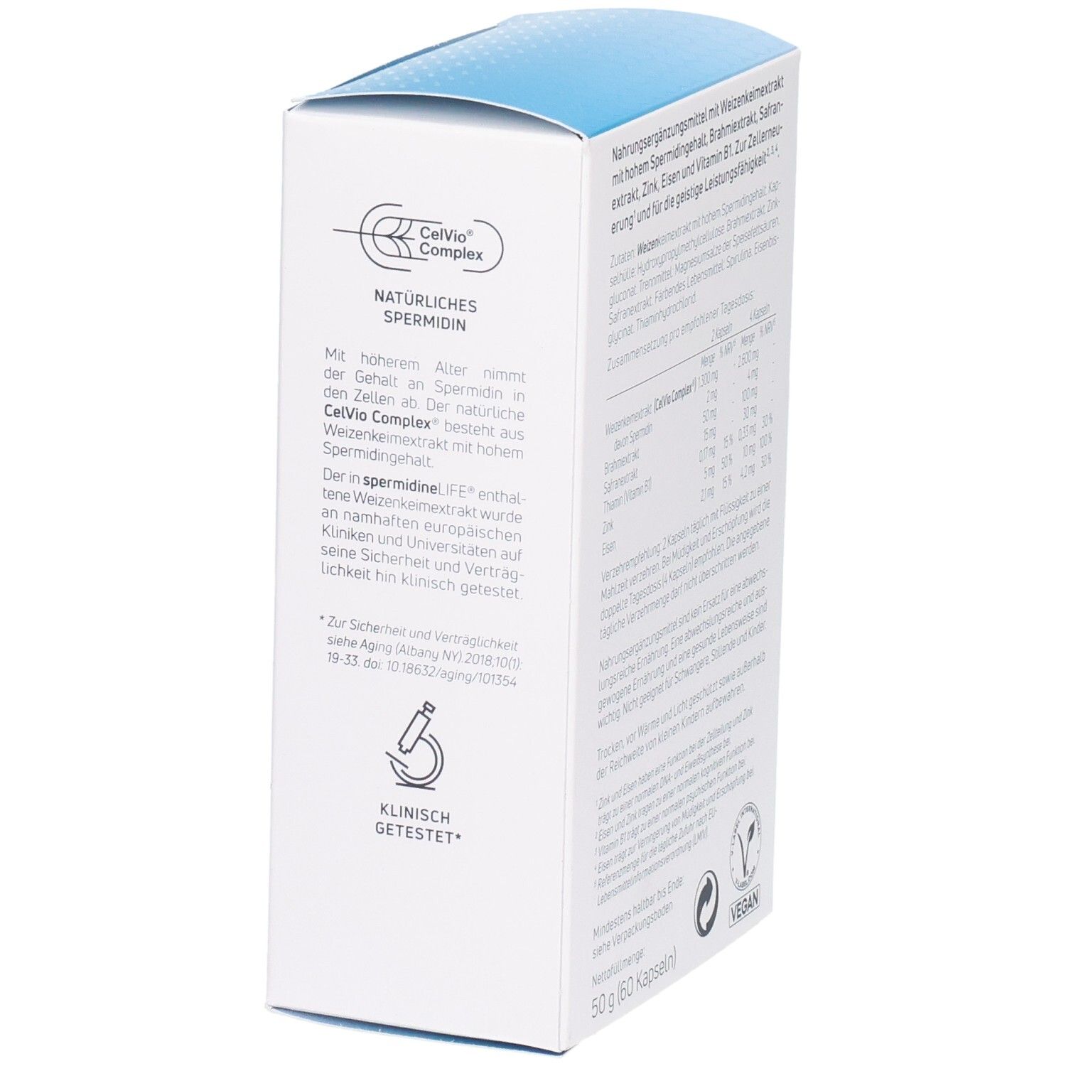 Côté de l'emballage Longevity Labs SpermidineLIFE Memory+ avec détails sur CelVio Complex et tests cliniques.