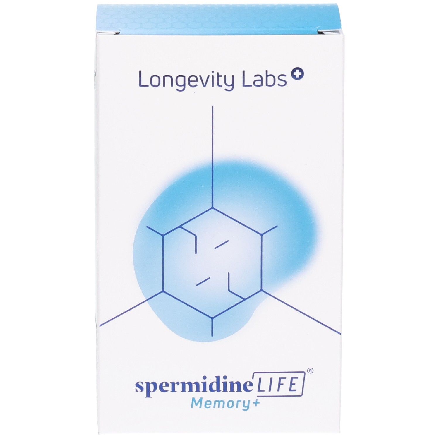 Emballage Longevity Labs SpermidineLIFE Memory+ avec logo et design moléculaire.