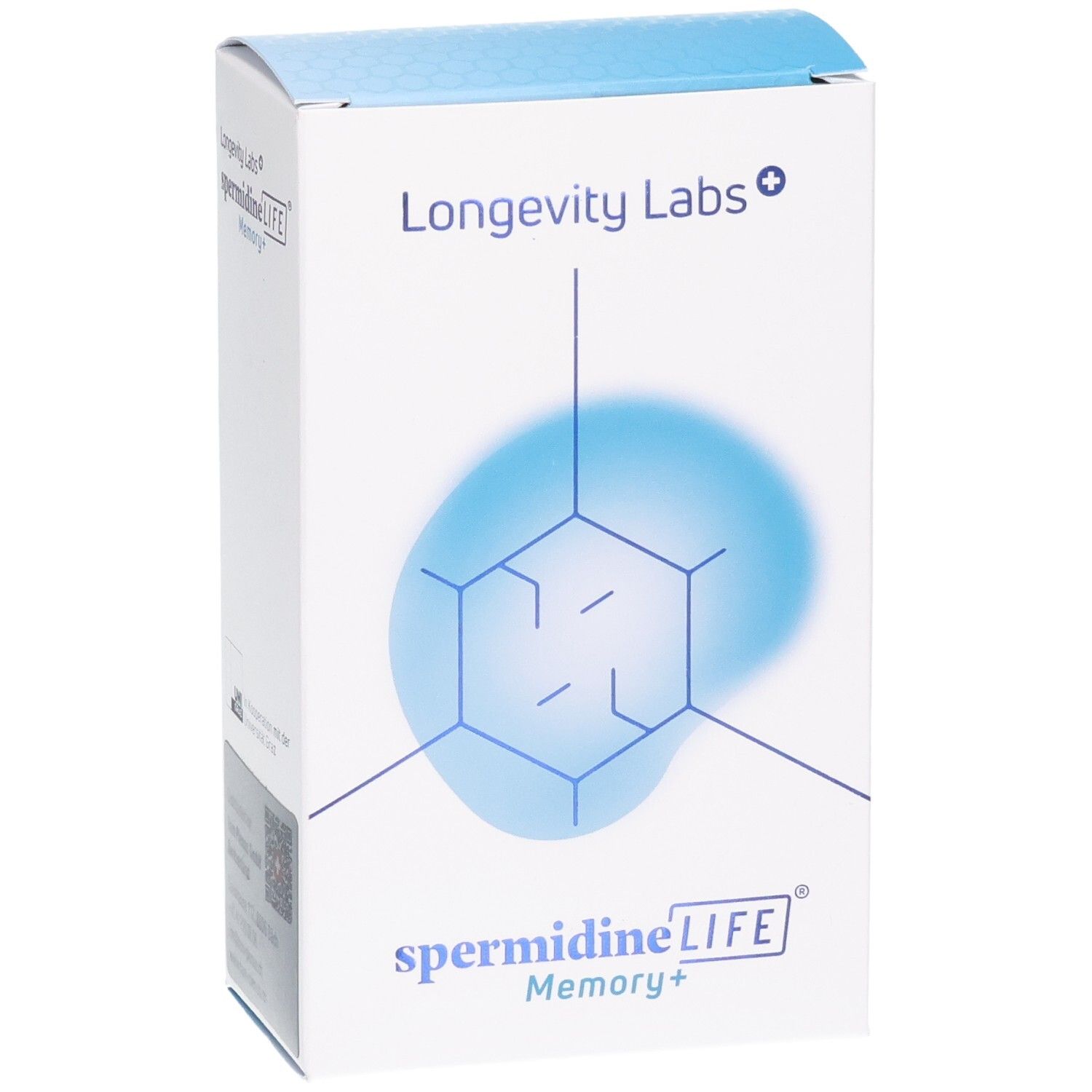 Emballage Longevity Labs SpermidineLIFE Memory+ avec logo et design moléculaire.