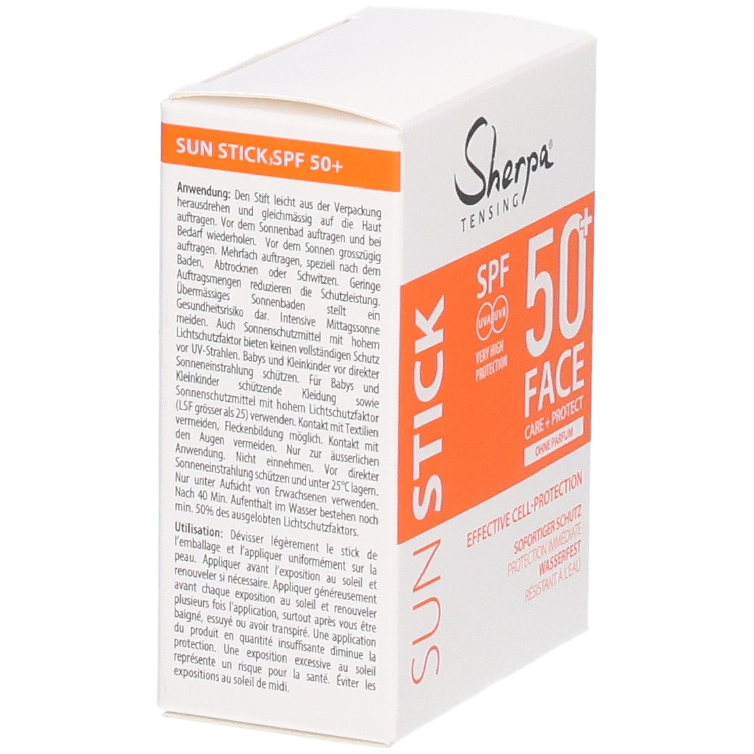 Rückseite der Sherpa Tensing Sunstick Face SPF 50+ Verpackung mit Anwendungshinweisen.