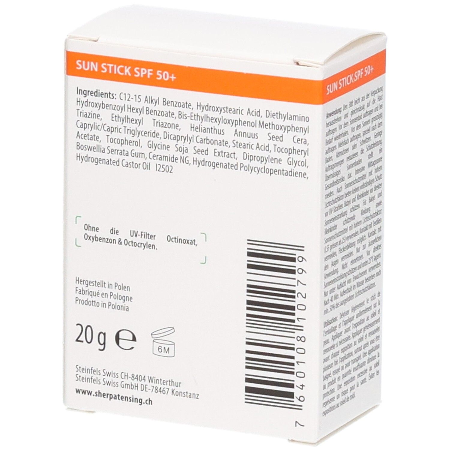 Rückseite der Sherpa Tensing Sunstick Face SPF 50+ Verpackung. Enthält Inhaltsstoffe und Gewicht (20g).