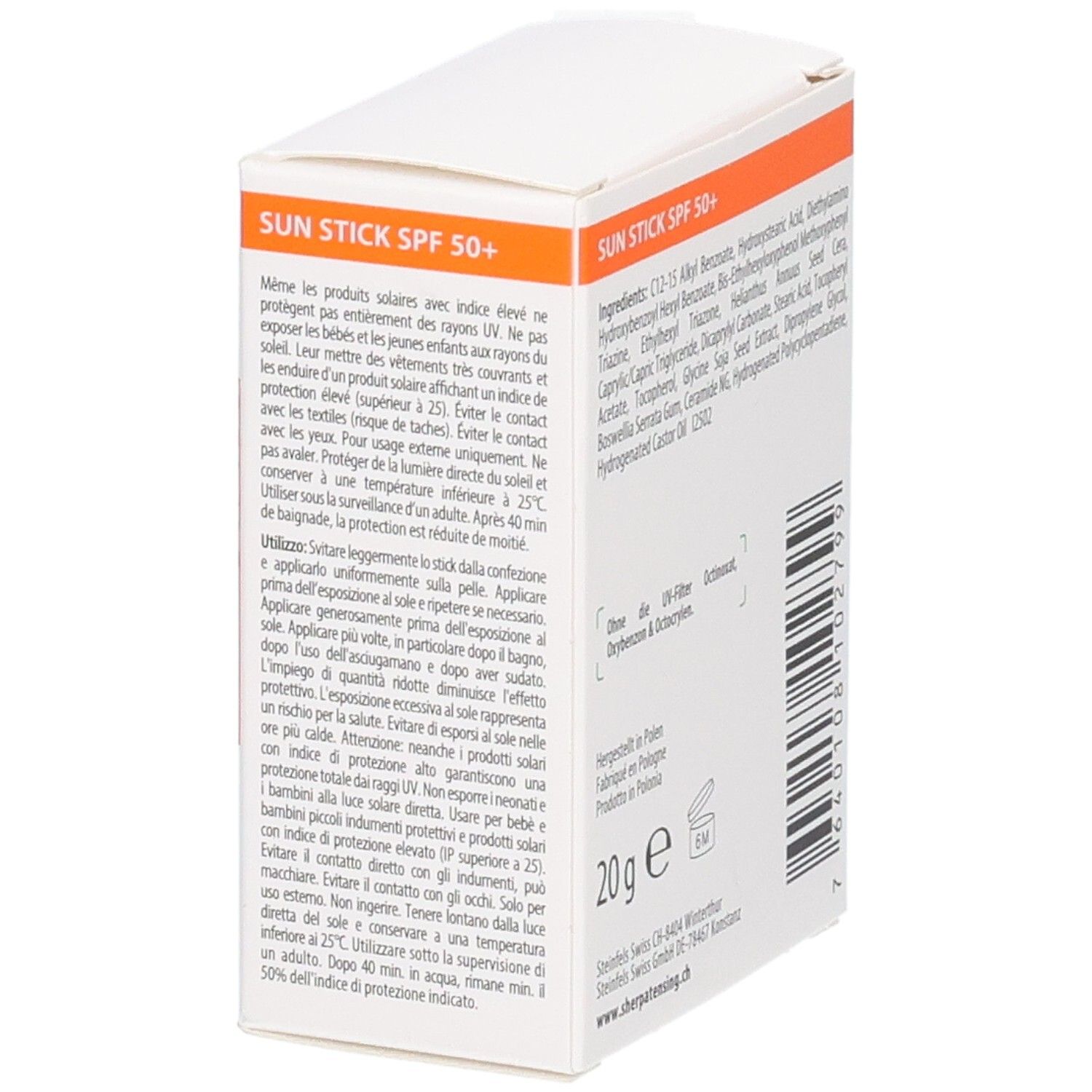 Seitenansicht der Sherpa Tensing Sunstick Face SPF 50+ Verpackung mit Produktinformationen.
