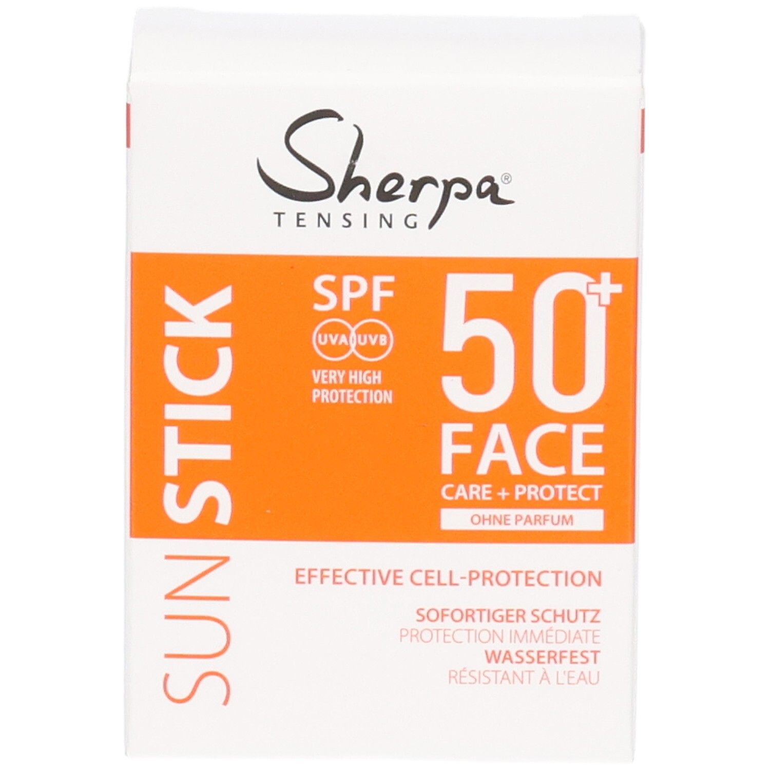 Vorderseite der Sherpa Tensing Sunstick Face SPF 50+ Verpackung. Zeigt SPF 50+, Face, Care+Protect.