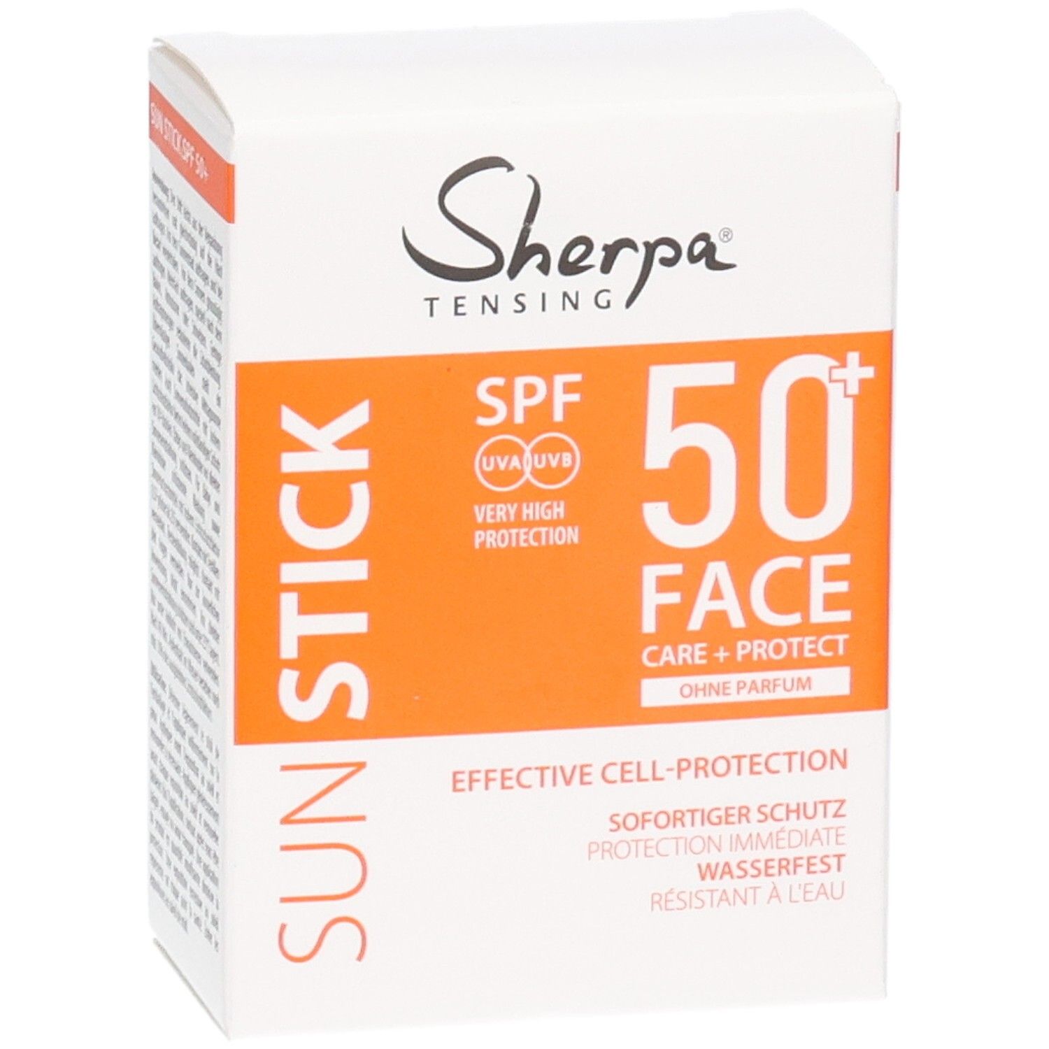 Vorderseite der Sherpa Tensing Sunstick Face SPF 50+ Verpackung. Hervorhebung von SPF 50+ und 'Effective Cell-Protection'.