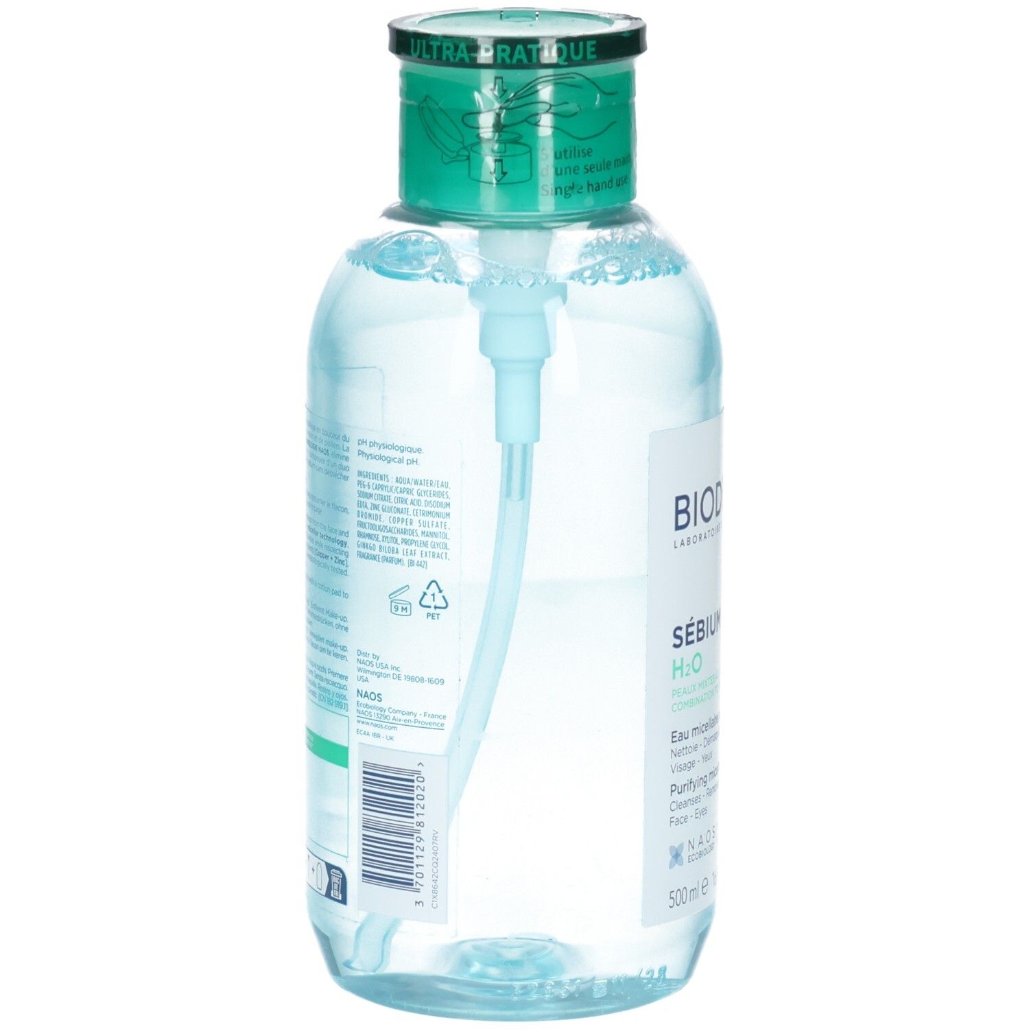 Rückseite Bioderma Sebium H2O Mizellenwasser mit Pumpspender, 500ml.