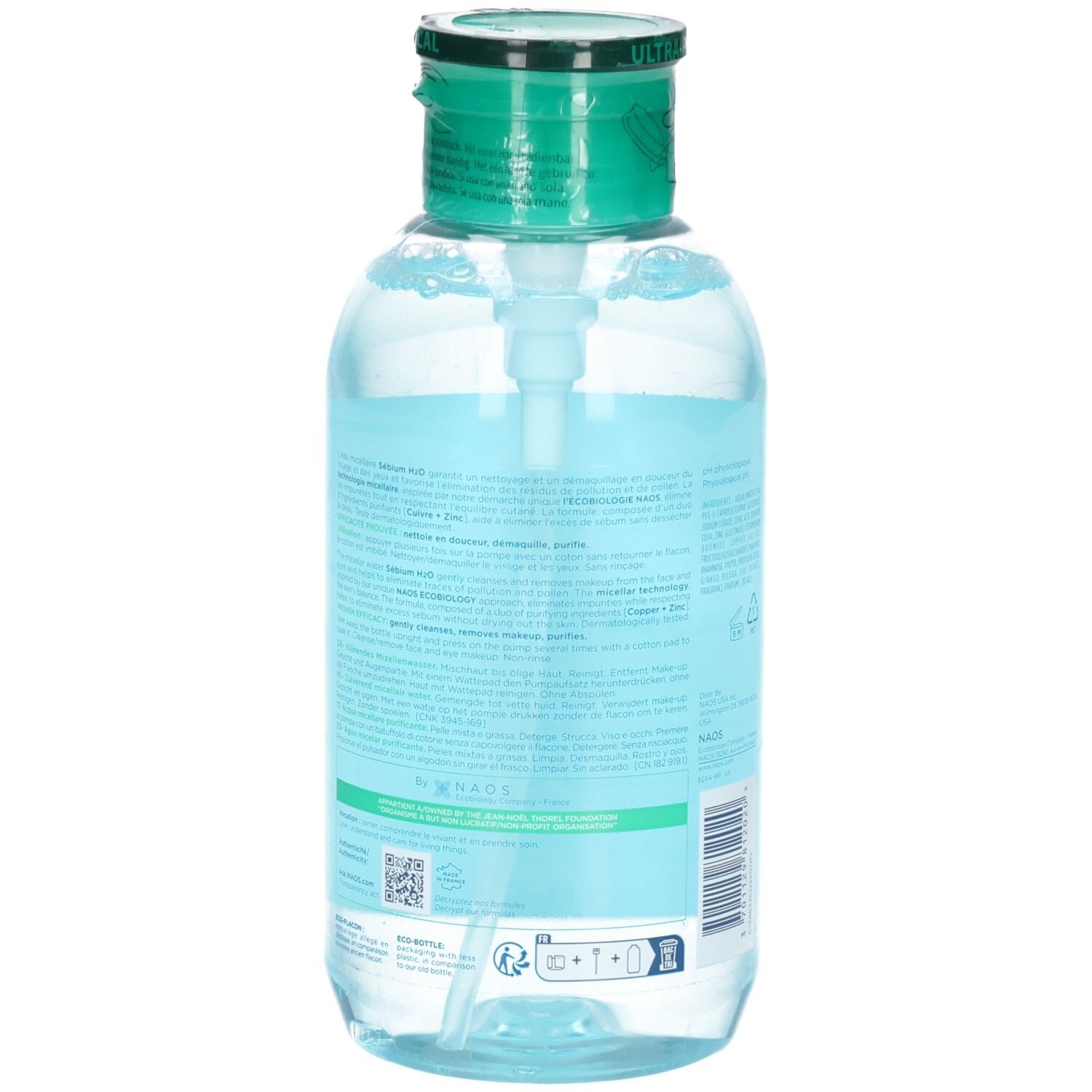 Rückseite Bioderma Sebium H2O Mizellenwasser mit Pumpspender, 500ml.