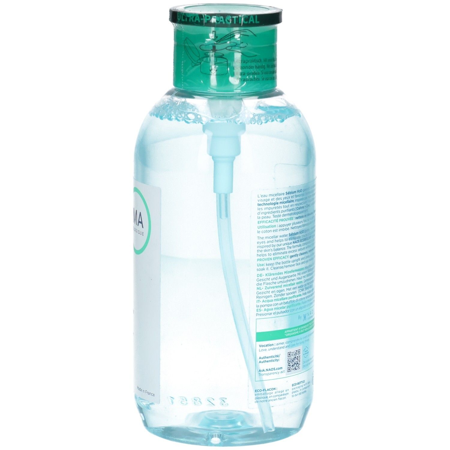 Rückseite Bioderma Sebium H2O Mizellenwasser mit Pumpspender, 500ml.