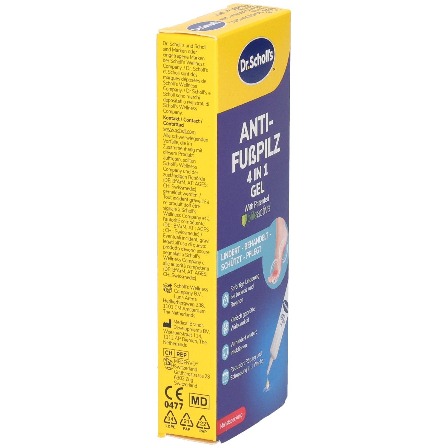 Rückseite der Dr. Scholl's Anti-Fußpilz 4in1 Gel Packung mit Anwendungshinweisen und Inhaltsstoffen.