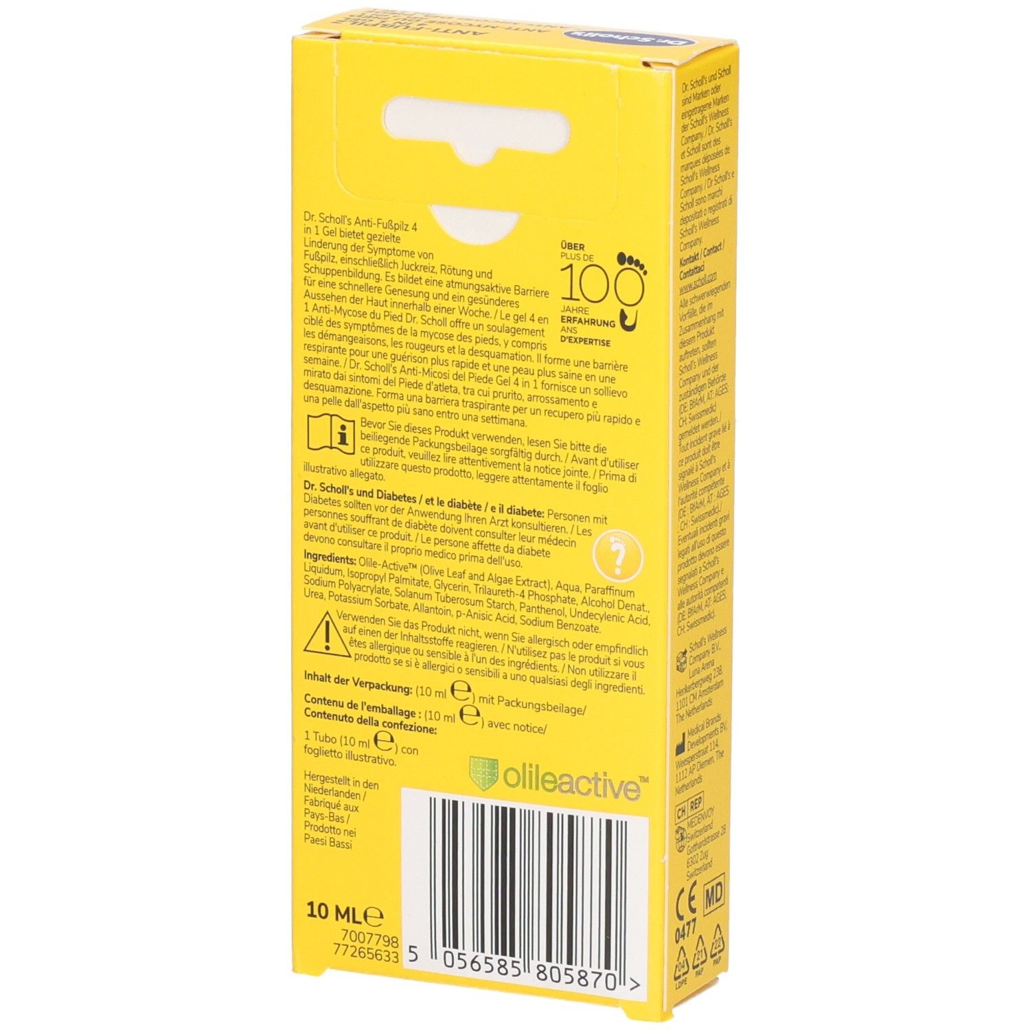 Dr. Scholl's Anti-Fußpilz 4in1 Gel Packung. Enthält 10ml Gel. Informationen zu Anwendung und Inhaltsstoffen.