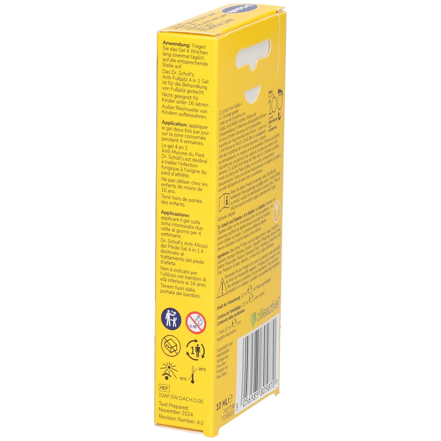 Seite der Dr. Scholl's Anti-Fußpilz 4in1 Gel Packung mit Anwendungshinweisen für Erwachsene und Kinder.