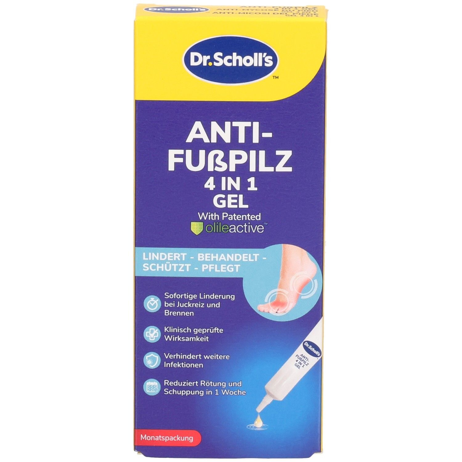 Dr. Scholl's Anti-Fußpilz 4in1 Gel Packung. Linderung, Behandlung, Schutz und Pflege bei Fußpilz.