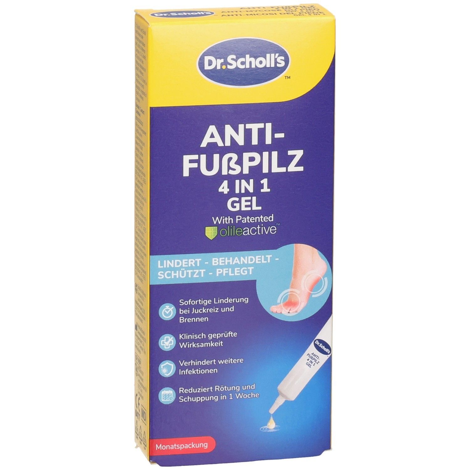 Dr. Scholl's Anti-Fußpilz 4in1 Gel Packung. Linderung, Behandlung, Schutz und Pflege bei Fußpilz.