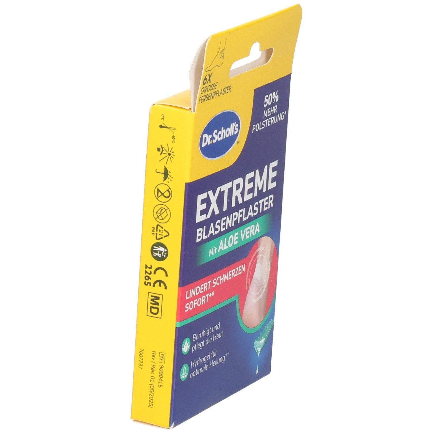Emballage pansements ampoules Dr. Scholl's Extreme à l'aloe vera. Contient les certifications CE et MD.