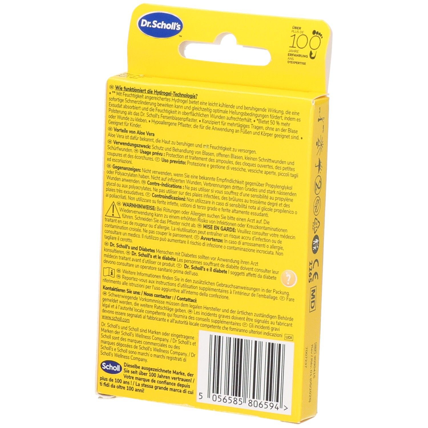 Dos de l'emballage pansements ampoules Dr. Scholl's Extreme avec instructions et avertissements.
