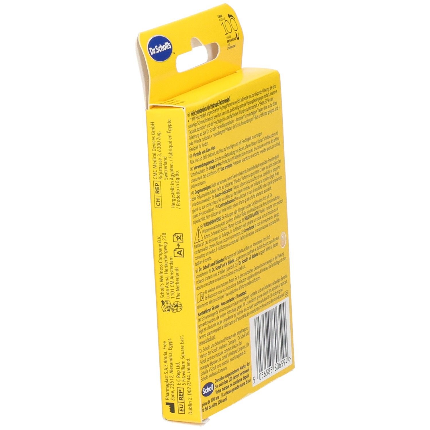 Vue latérale de l'emballage pansements ampoules Dr. Scholl's Extreme. Contient des informations produit et un code-barres.