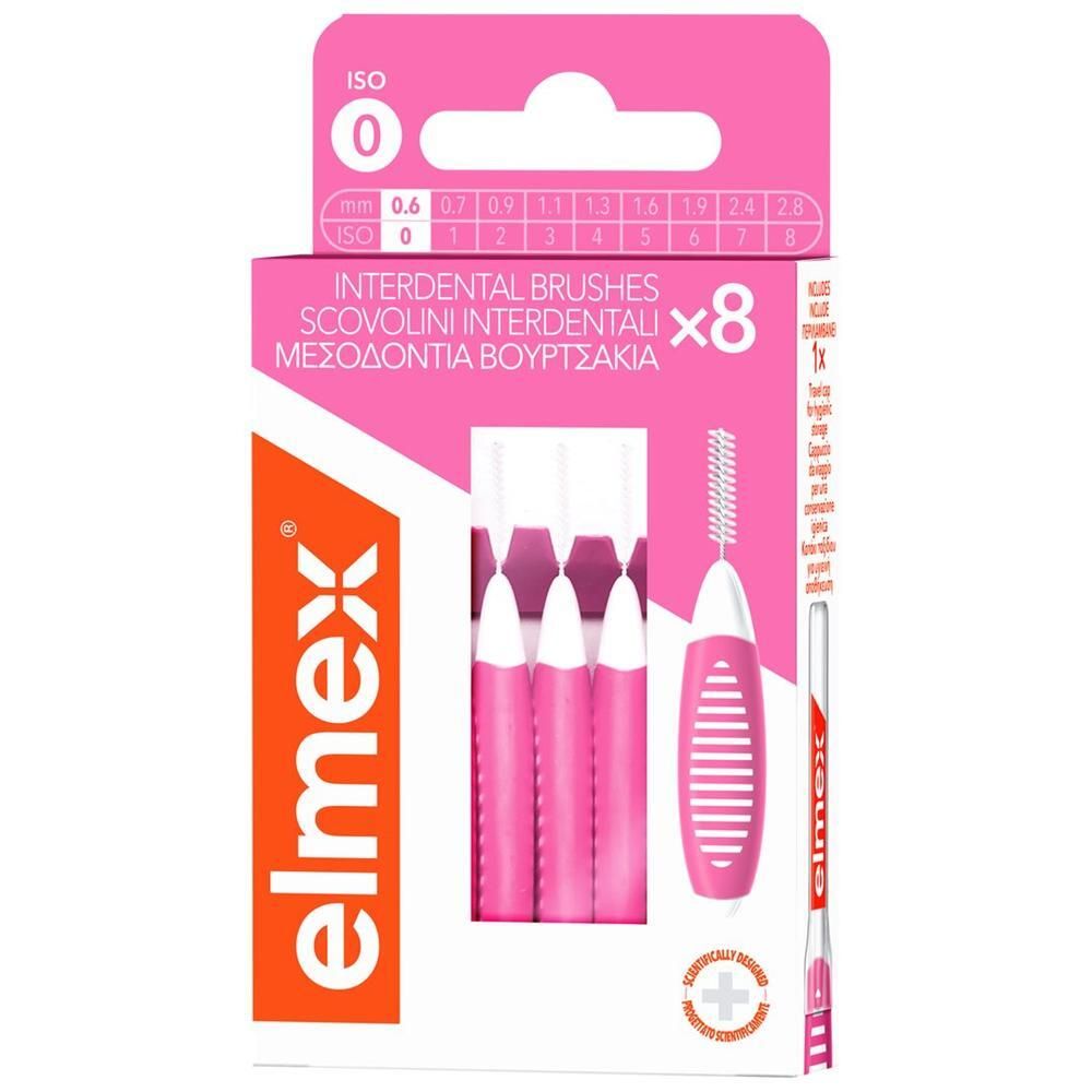 Verpackung Elmex Interdentalbürsten, 8 Stück, ISO 0, 0.6mm, pink.