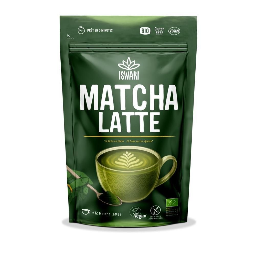 ISWARI Matcha Latte Beutel mit Bio-Siegeln und veganem Symbol.