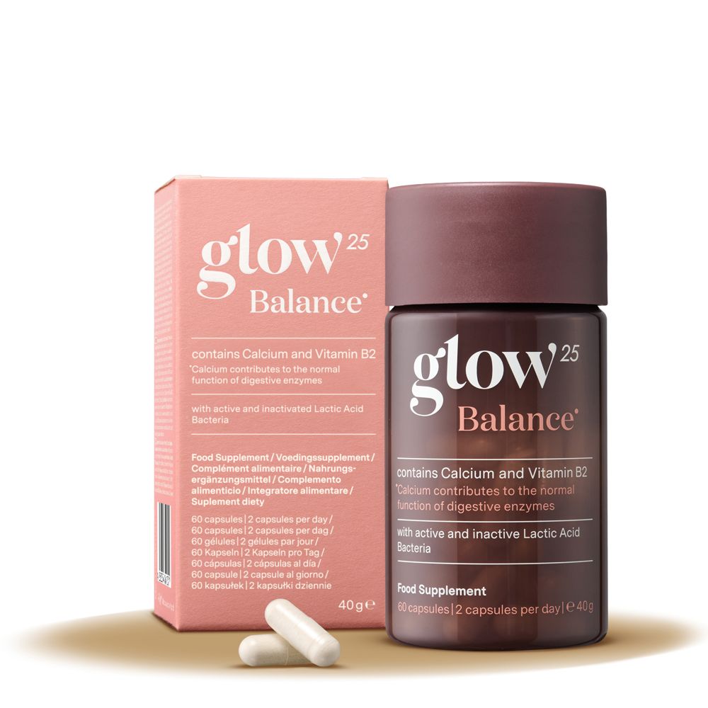 Glow25 Balance Dose und Verpackung mit Kapseln. Enthält Calcium und Vitamin B2.