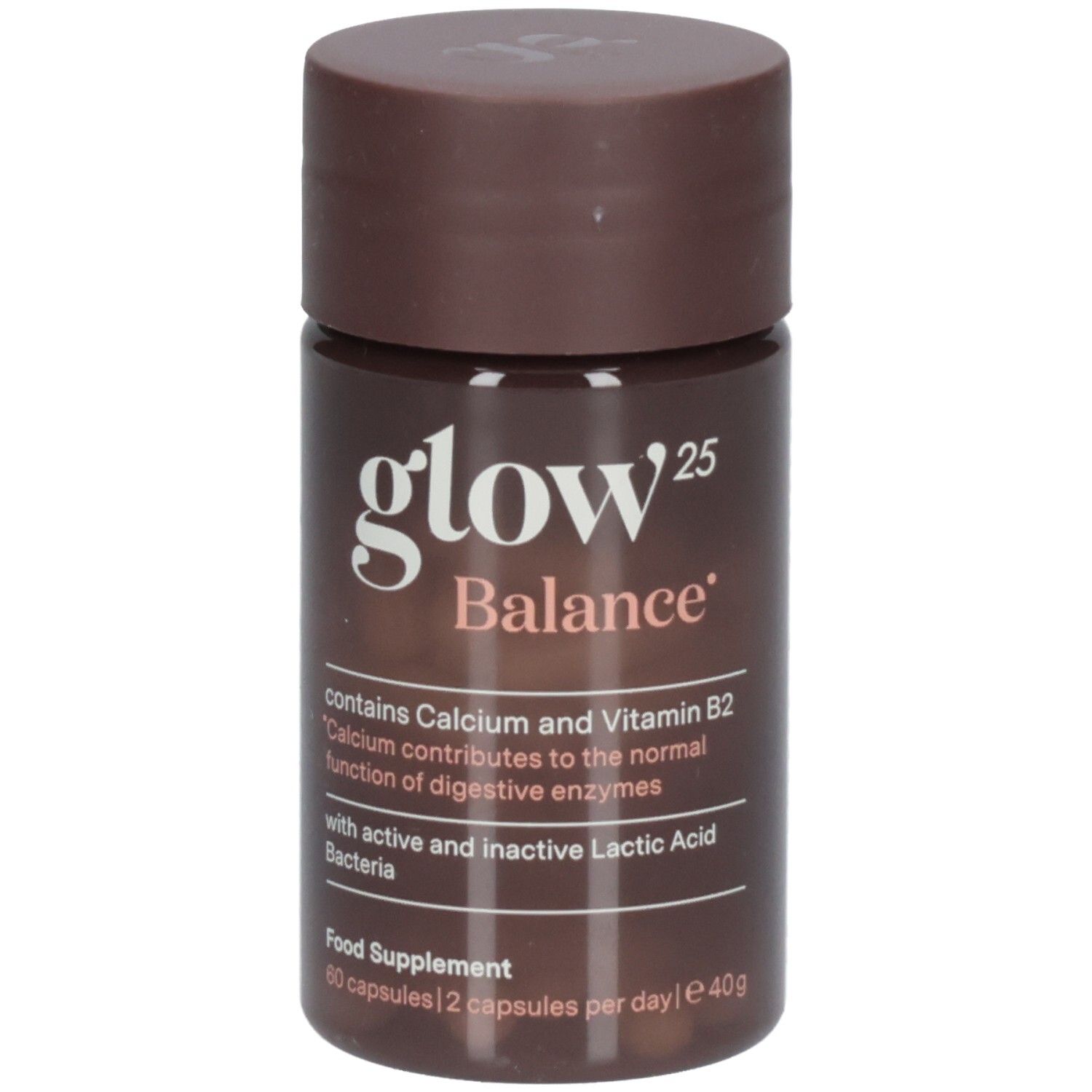 Vorderseite der Glow25 Balance Dose mit Produktinformationen und Gewicht.