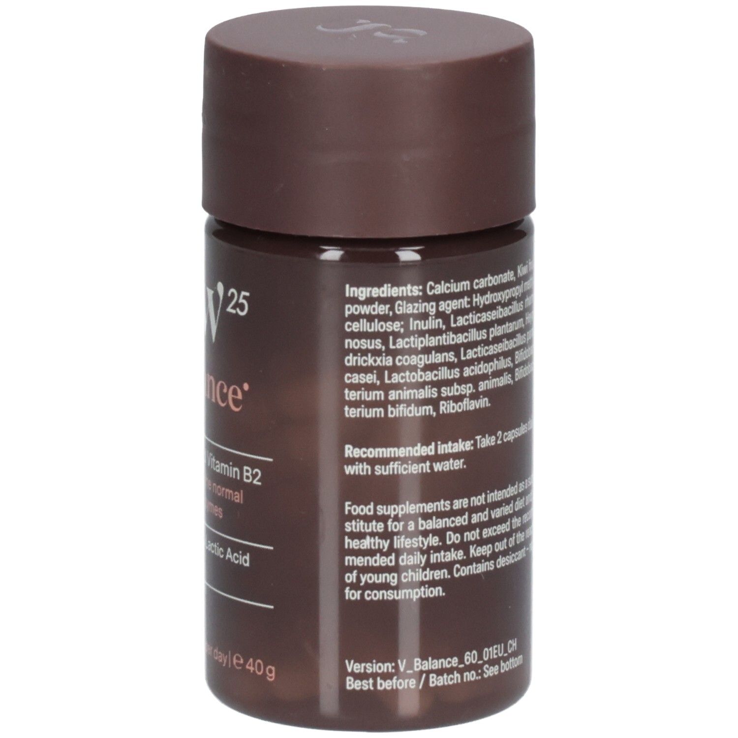 Verpackung von Glow25 Balance mit detaillierten Informationen auf der Vorderseite.