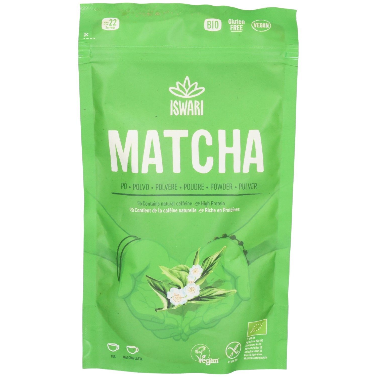 Sachet vert de poudre de matcha ISWARI, label Bio et logo Vegan.