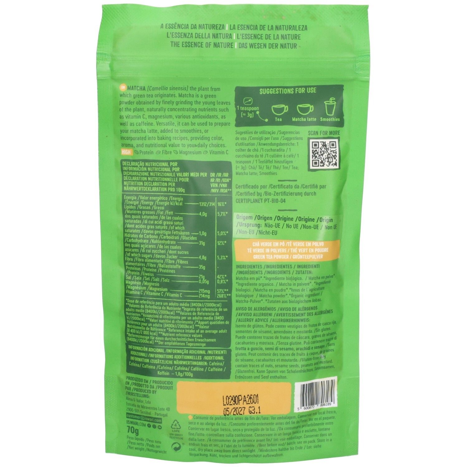 Dos d'un sachet vert de poudre de matcha ISWARI, informations nutritionnelles et certification Bio.