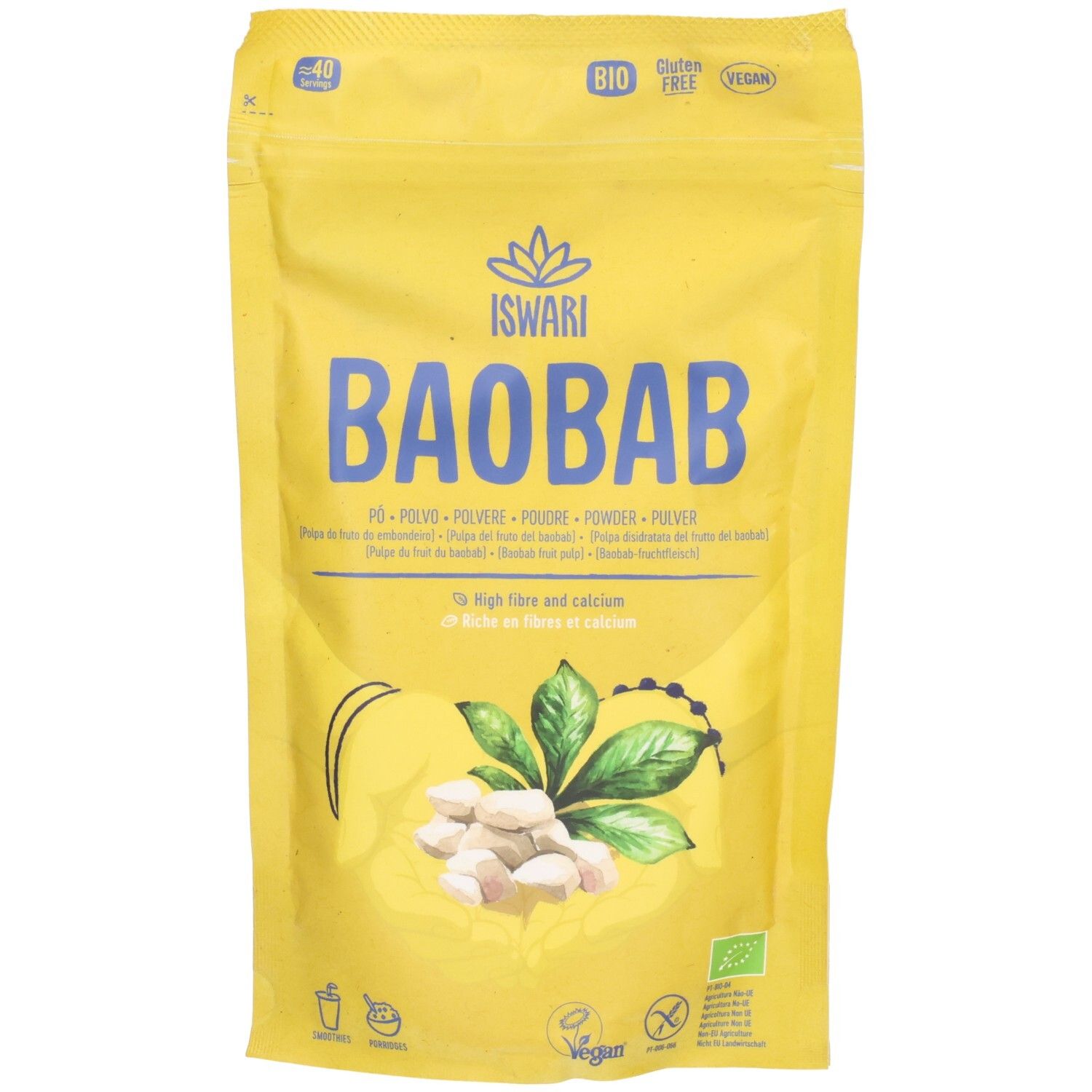 Poudre de Baobab ISWARI dans un emballage jaune avec logos Bio et Vegan.