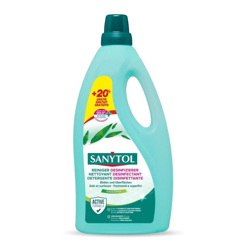 Hellblaue Flasche SANYTOL Reiniger Desinfizierend mit Griff und grünem Verschluss. Vorderseite mit Etikett.