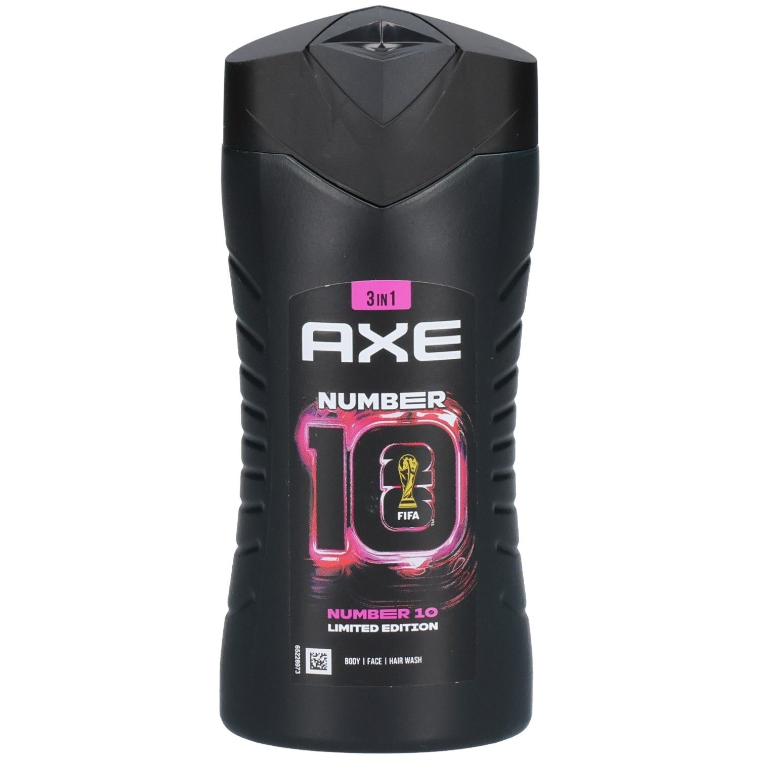 Schwarze AXE 3in1 Duschgel-Flasche, Limited Edition "Number 10" mit FIFA-Logo.