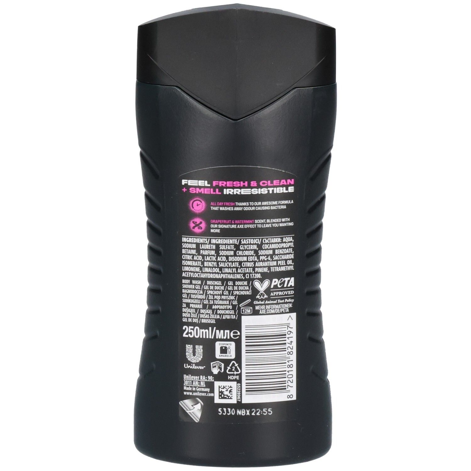 Schwarze Flasche mit rosa und weißen Textdetails. Enthält 250 ml. PETA-zertifiziert.