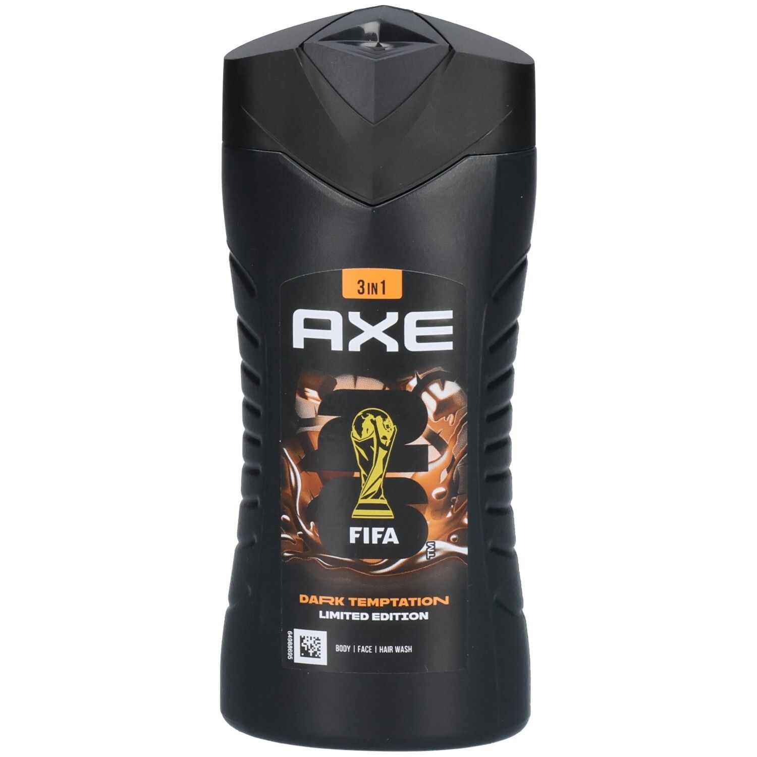 Flacon de gel douche AXE noir avec logo FIFA et inscription "Dark Temptation".