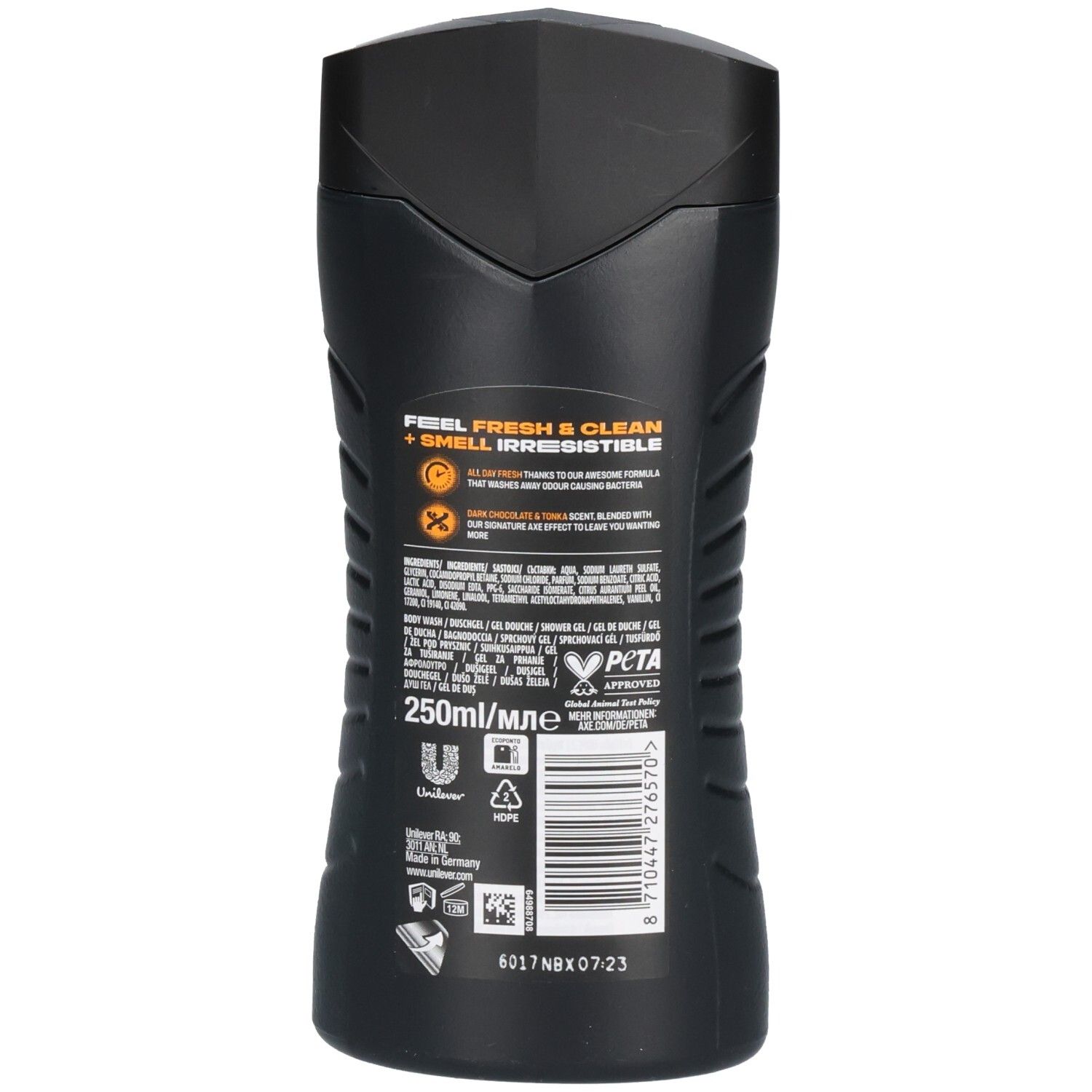 Arrière d'un flacon de gel douche AXE noir avec informations produit et label PETA.