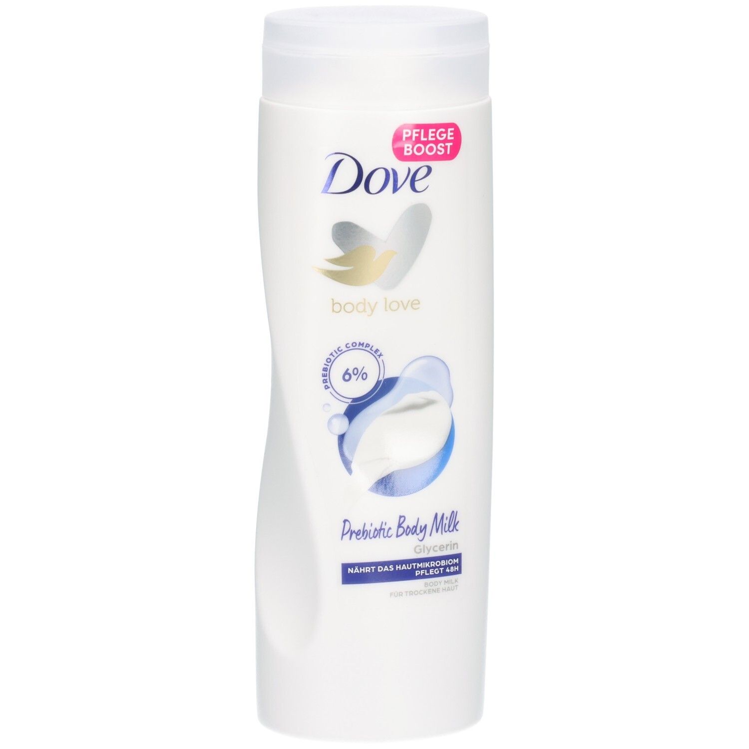 Lait corporel prébiotique Dove avec 6% de complexe prébiotique et glycérine pour peau sèche.