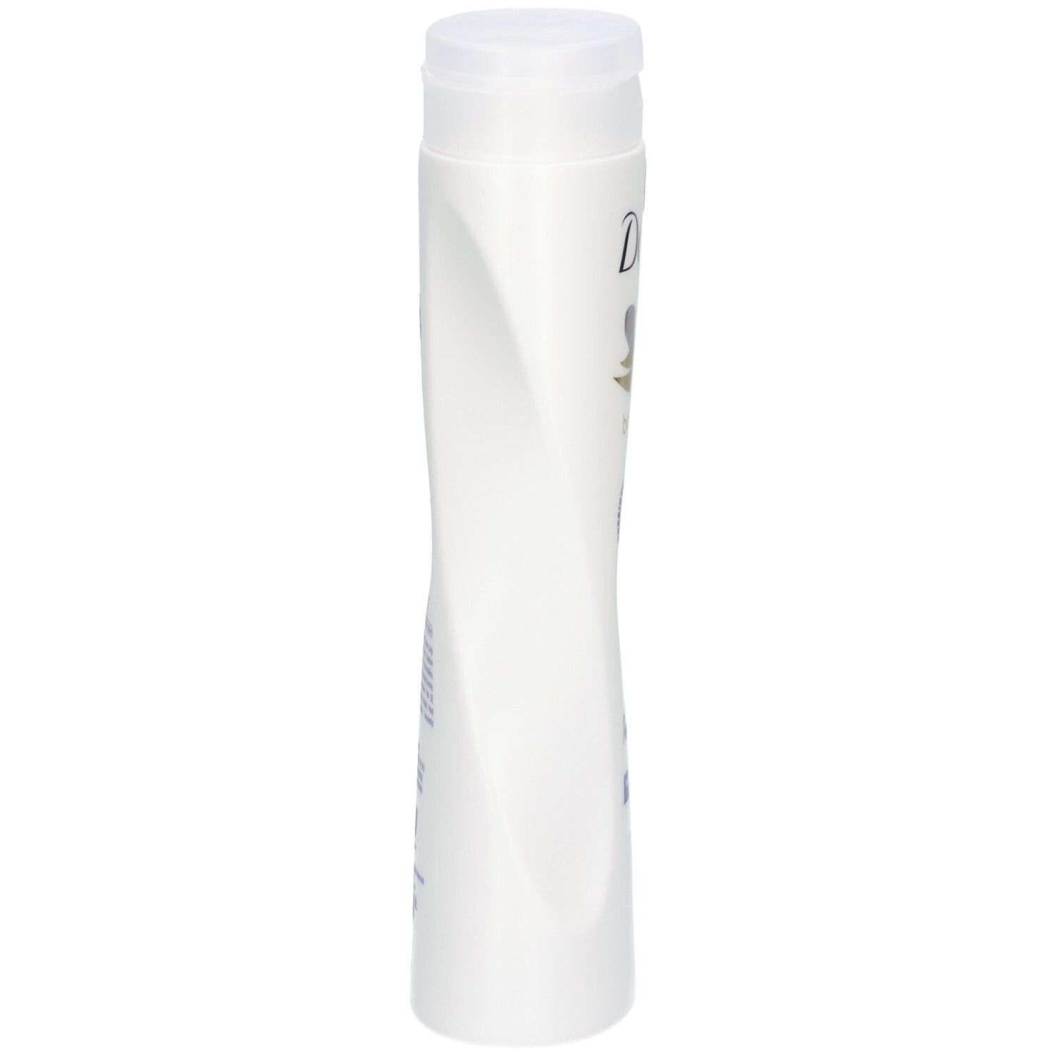 Vue latérale de la bouteille de lait corporel prébiotique Dove, blanche avec bouchon transparent.