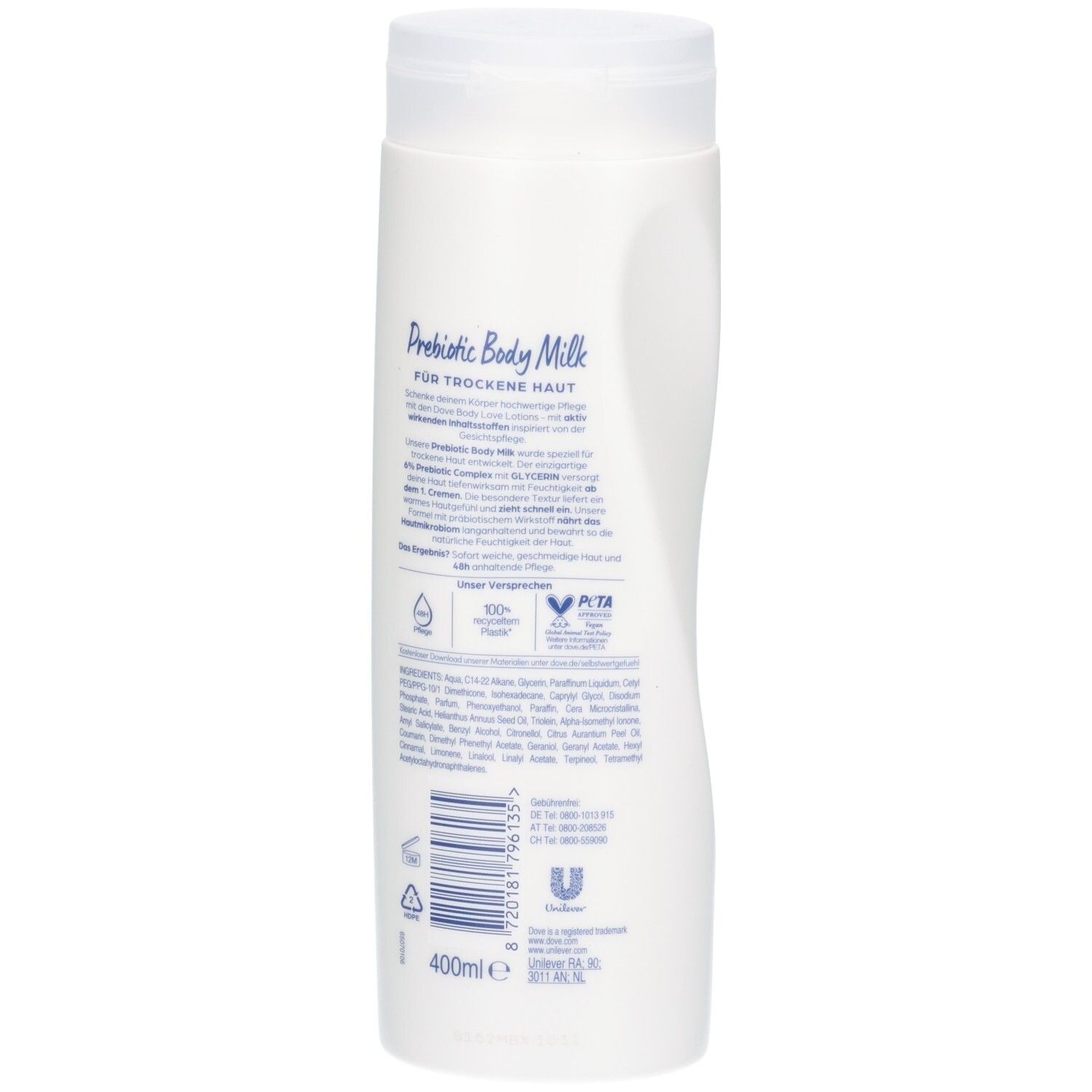 Dos de la bouteille de lait corporel prébiotique Dove avec ingrédients et indication 400ml.