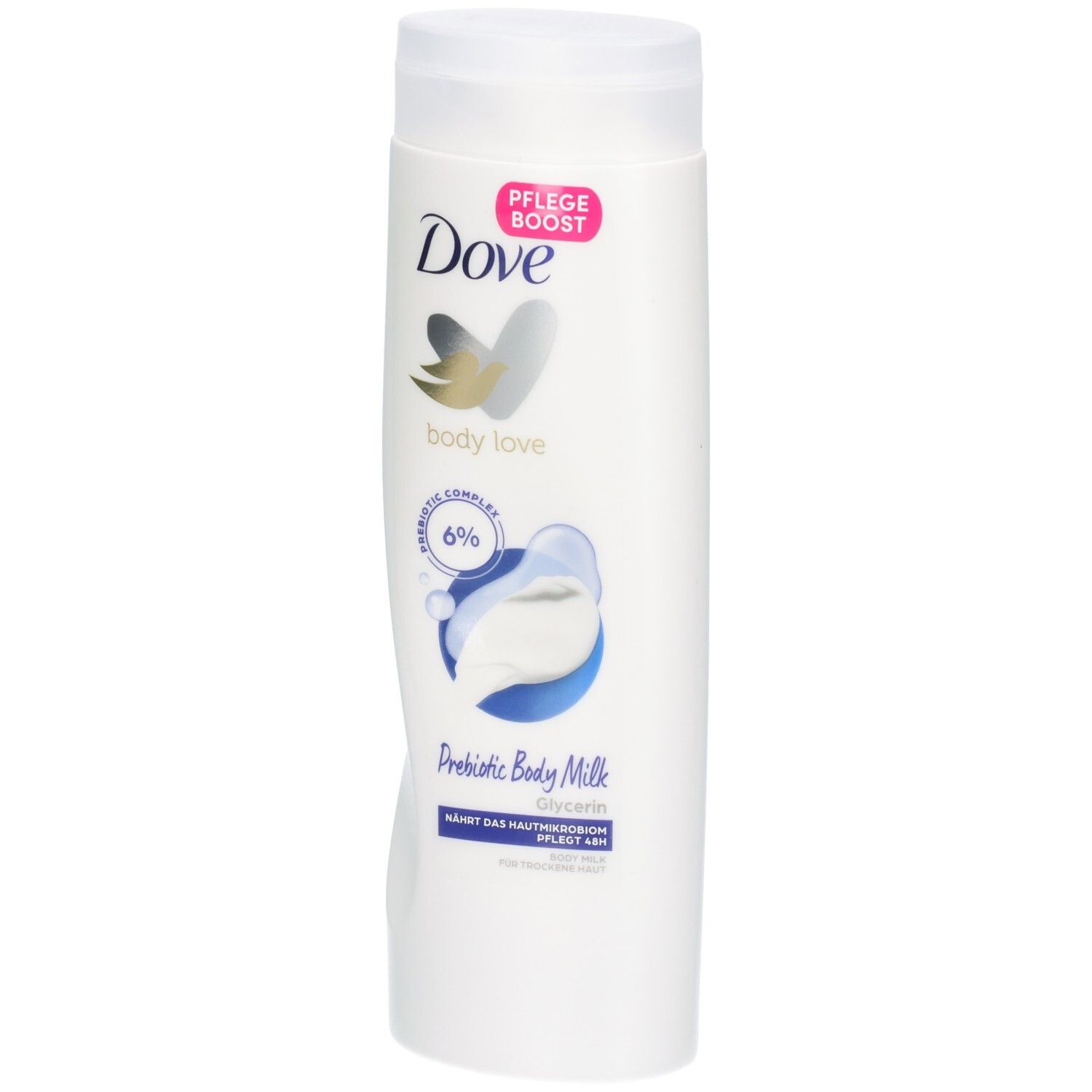 Lait corporel prébiotique Dove avec 6% de complexe prébiotique et glycérine pour peau sèche.