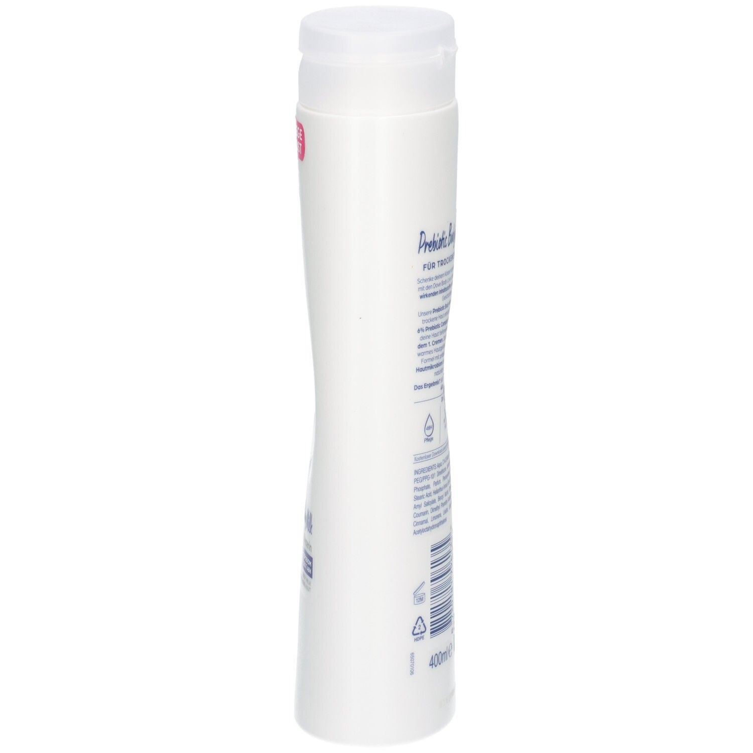 Vue latérale de la bouteille de lait corporel prébiotique Dove, blanche avec bouchon transparent.