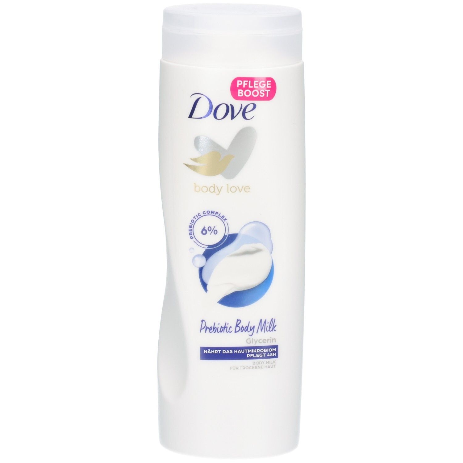 Lait corporel prébiotique Dove avec 6% de complexe prébiotique et glycérine pour peau sèche.