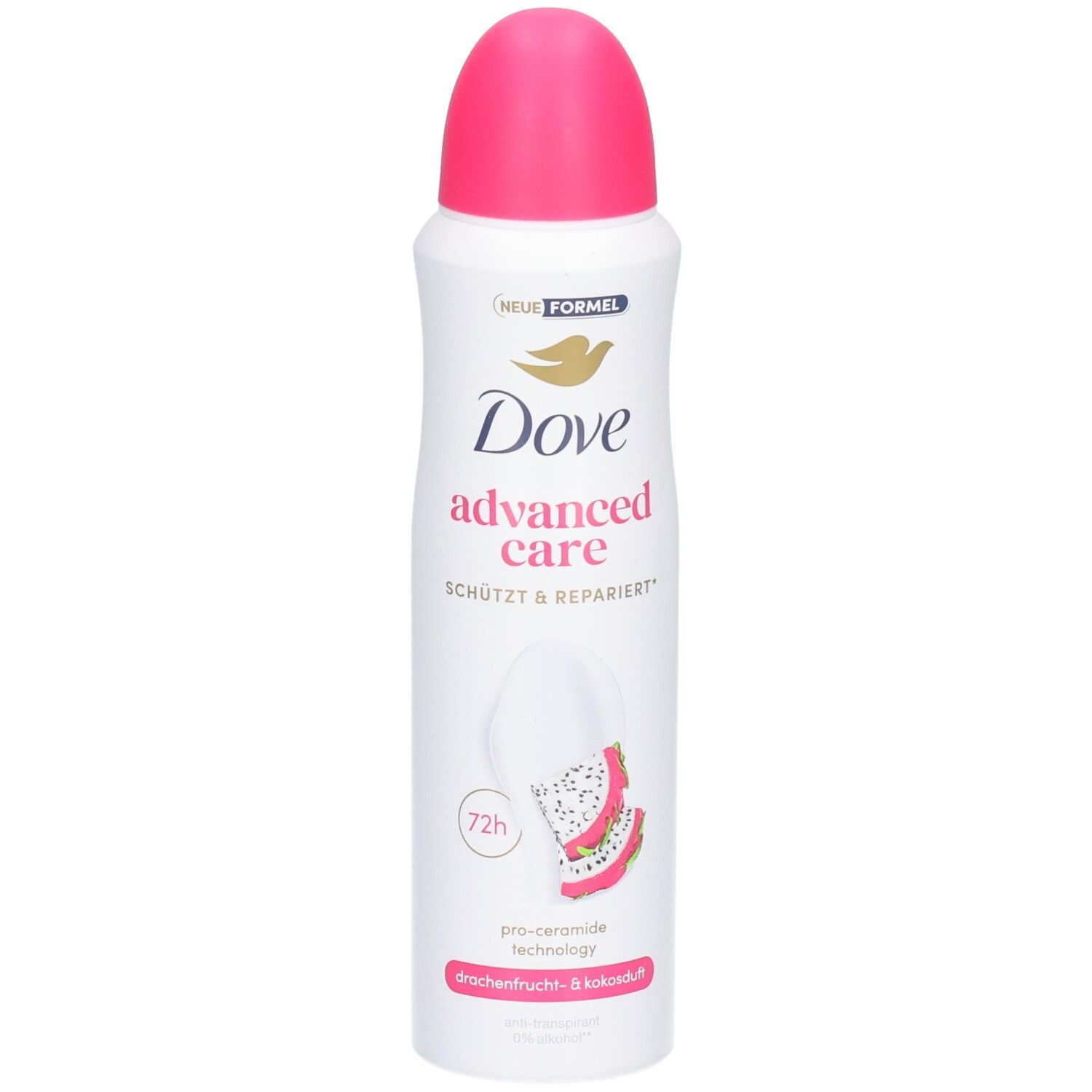 Dove Advanced Care Deo mit Drachenfrucht- & Kokosduft. 72h Schutz. Weiße Dose mit pinkem Verschluss.