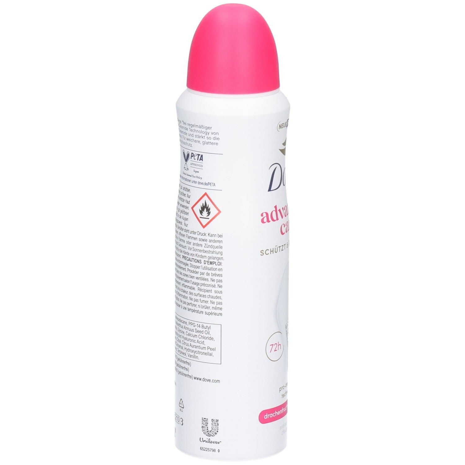 Dove Deo Spray mit pinkem Verschluss. Enthält PETA- und Flammen-Symbole.