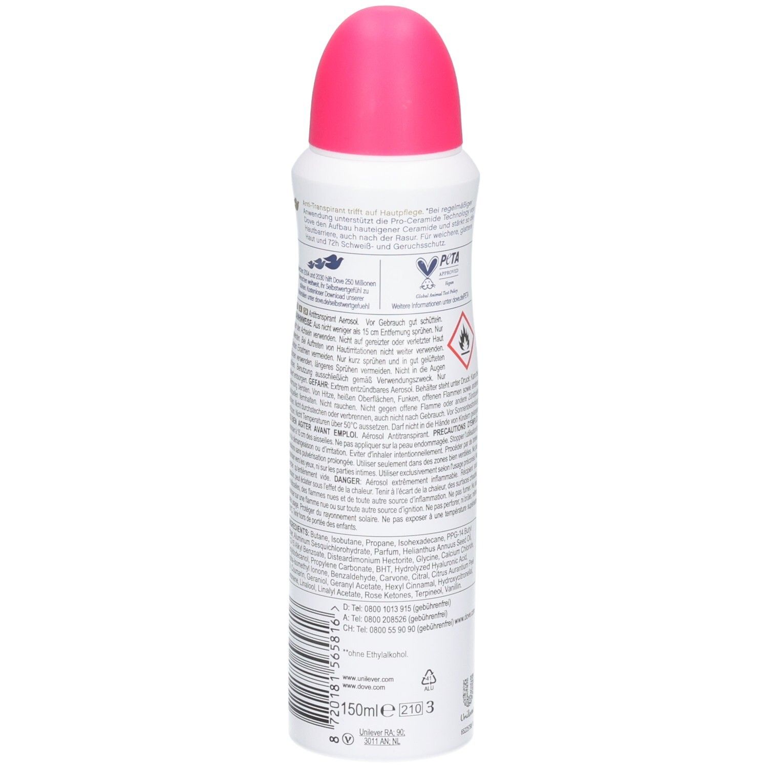 Weiße Aerosoldose mit pinkfarbenem Verschluss. Enthält 150ml. Rückseite mit Produktinformationen und Warnhinweisen.