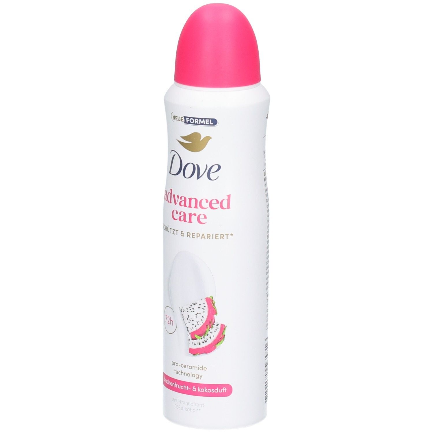 Dove Advanced Care Deo mit neuem Formel. Weißer Aerosoldose mit pinkem Verschluss. Enthält Drachenfrucht- & Kokosduft.