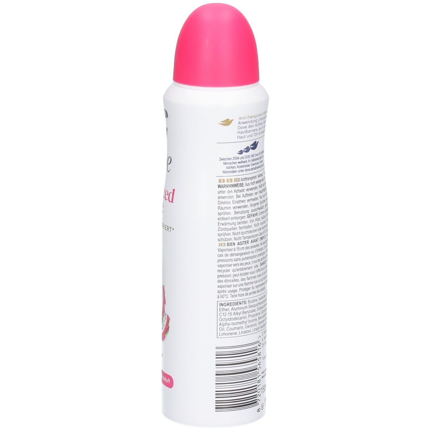 Dove Deospray mit rosa Verschlusskappe. Weiße Dose mit Text und Produktabbildung.