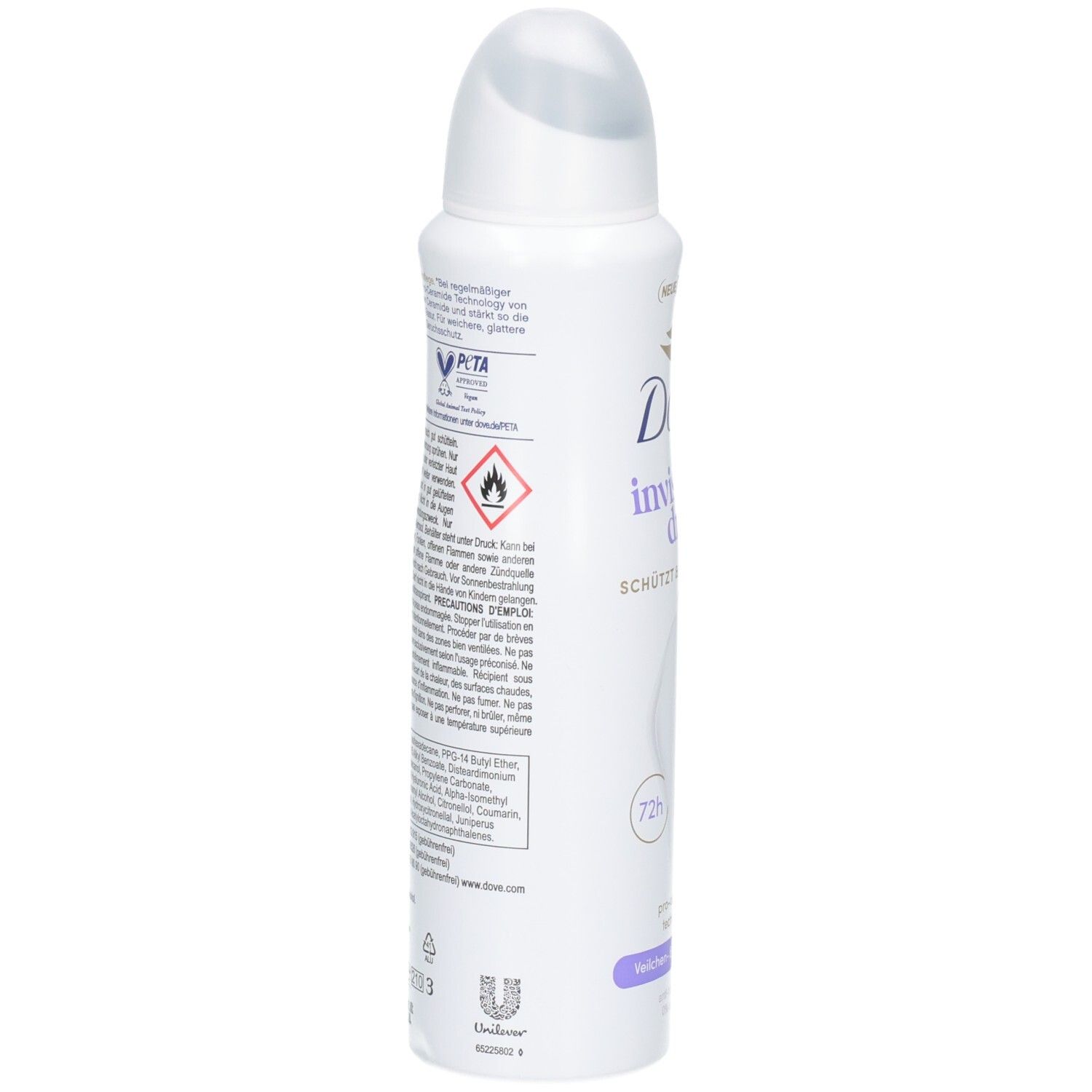 Weiße Aerosoldose mit lila Akzenten, Dove Invisible Dry Deospray.
