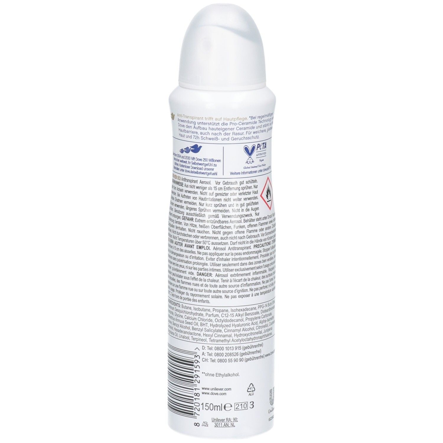 Weiße Aerosoldose mit schwarzem Text und Warnsymbolen. Enthält 150ml.