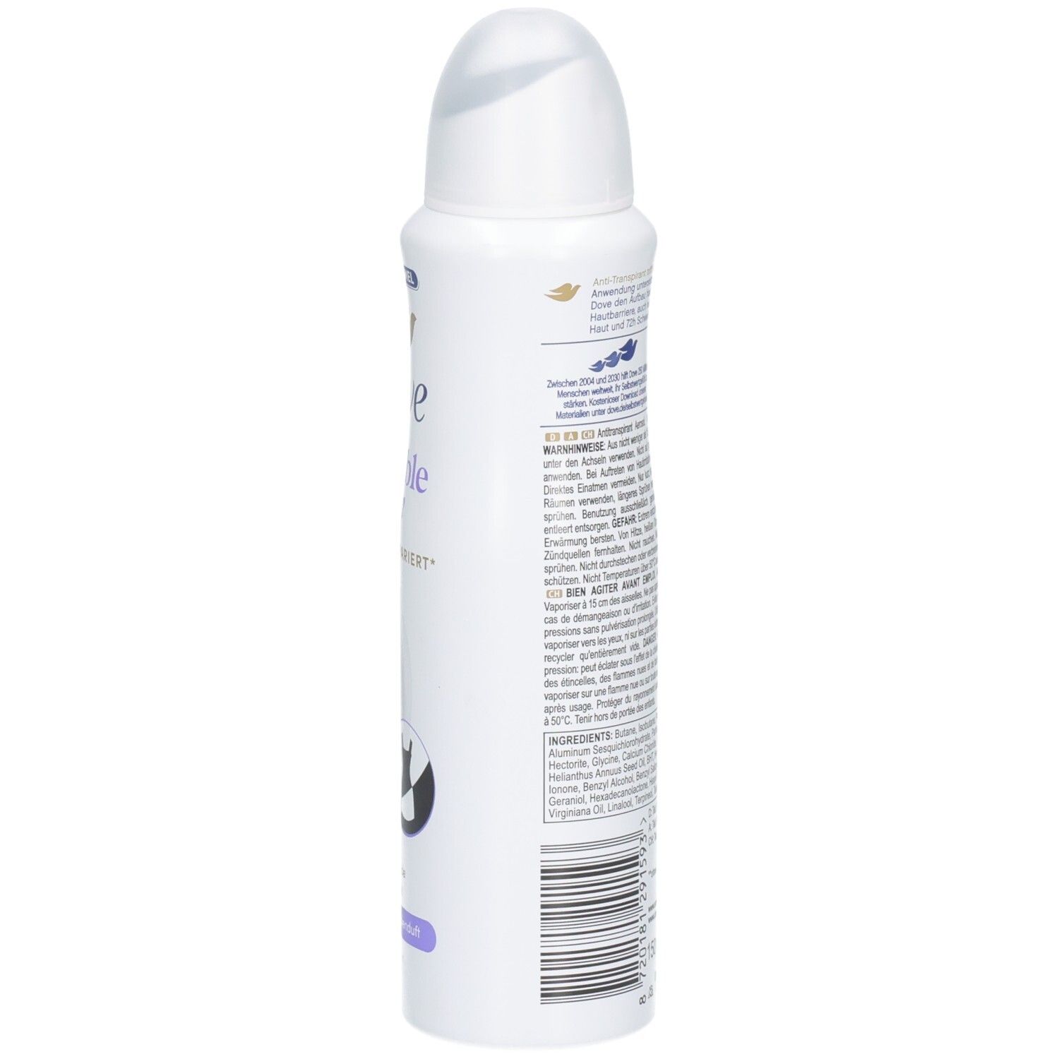 Dove Deospray mit Lavendelduft, weiße Dose mit weißem Verschluss.