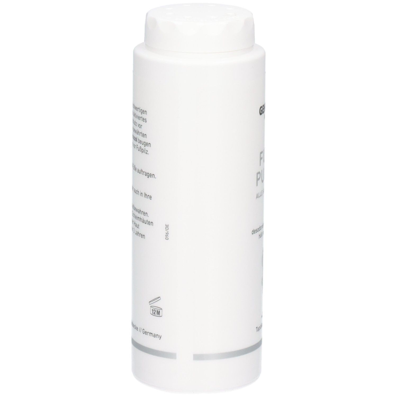GEHWOL med Fußpuder Flasche, Seitenansicht mit detaillierten Anwendungshinweisen und Inhaltsstoffen.