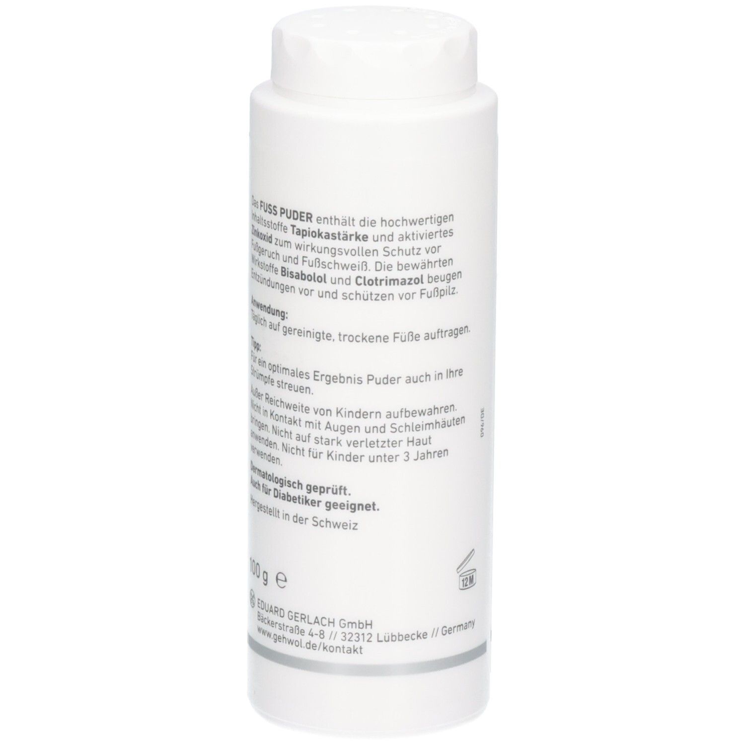 Rückseite der GEHWOL med Fußpuder Flasche mit detaillierten Produktinformationen und Inhaltsstoffen.