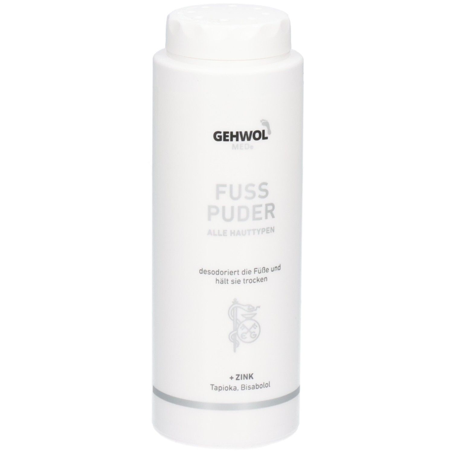 GEHWOL med Fußpuder Flasche, Vorderansicht mit Etikett und Produktbezeichnung.